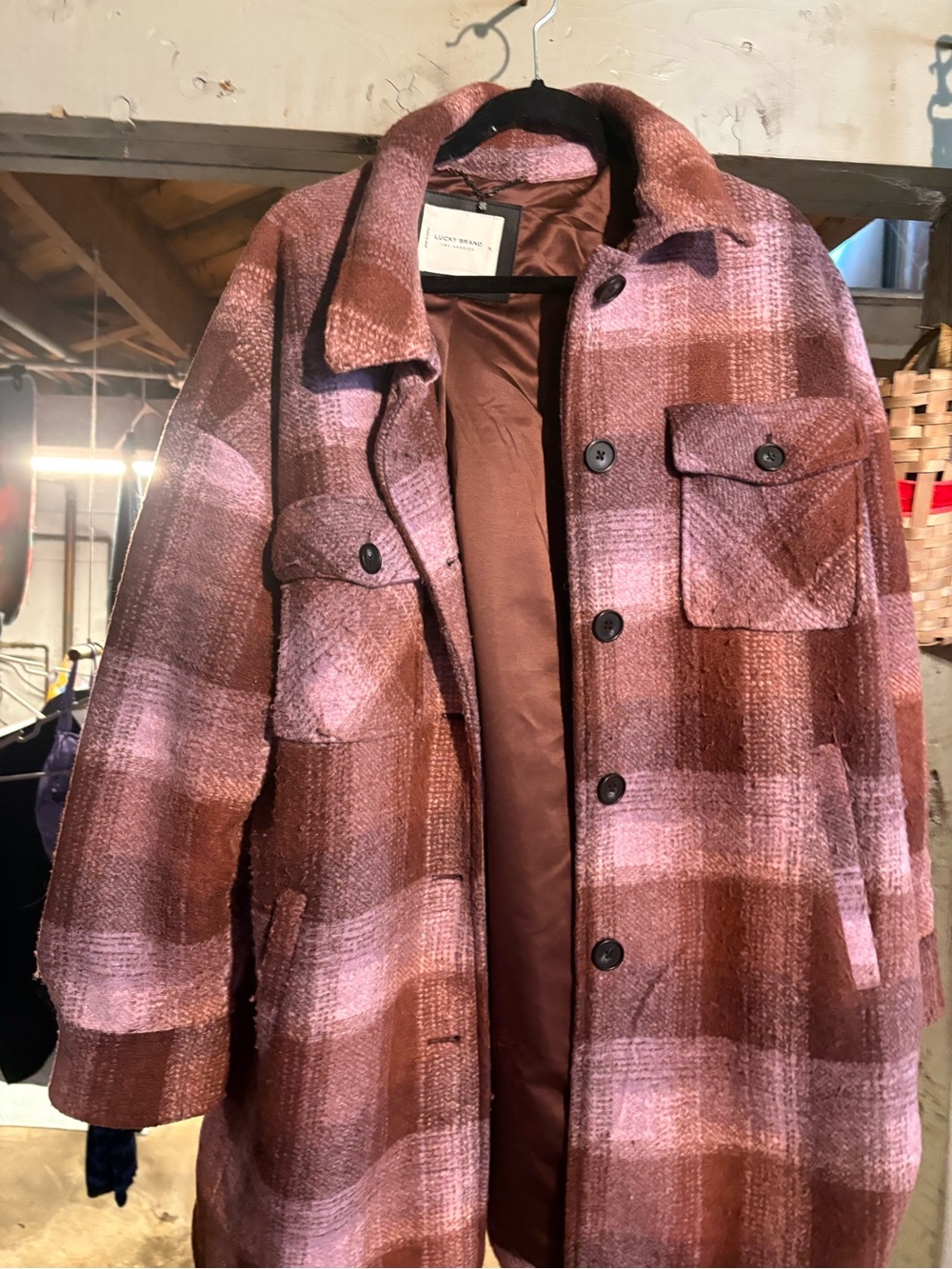 Lucky Brand Pink and Brown Plaid Shirt Jacket